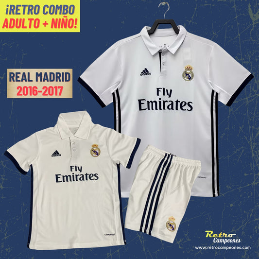 Combo Camiseta Adulto + Conjunto Niño Real Madrid 2016-2017 (Blanco)